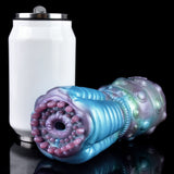 Blue alien stroker placed beside a white accessory container; ribbed handle and opening