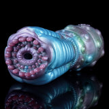 Blue alien stroker with ridged grip and bubble-studded inner opening, galaxy design