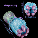 Blue tentacle stroker with purple suction bulbs, size graphic shown