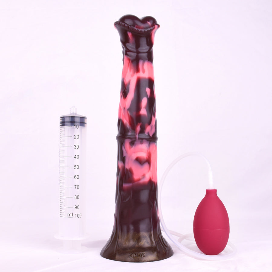 Squirting minotaur-style dildo standing, pink and dark marbled pattern with red squeeze bulb.