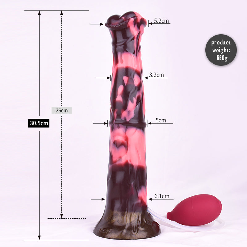 Galahad minotaur dildo size diagram, red-black marbled body with suction base