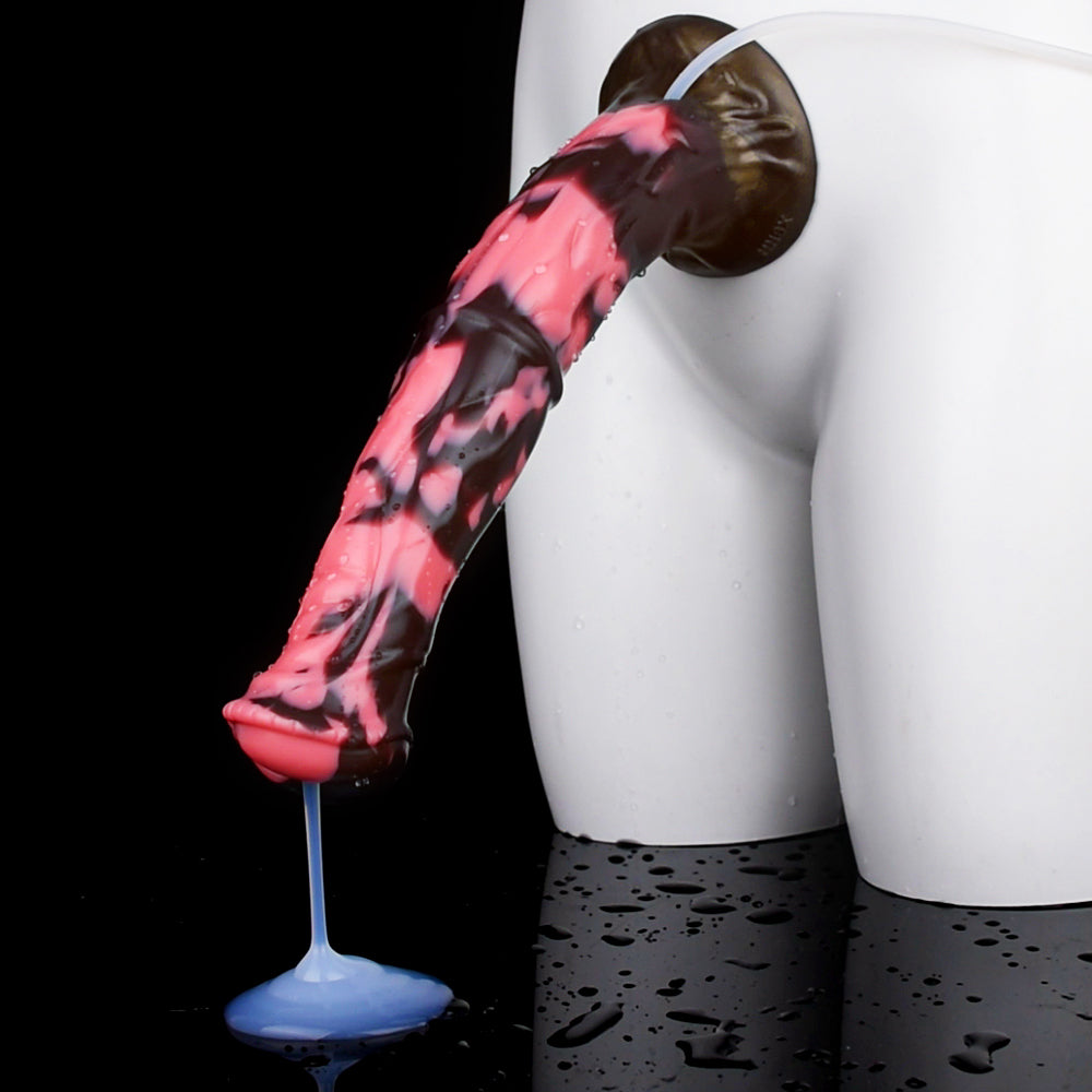 Minotaur dildo spraying stream, glossy black-red marbled body, white tube