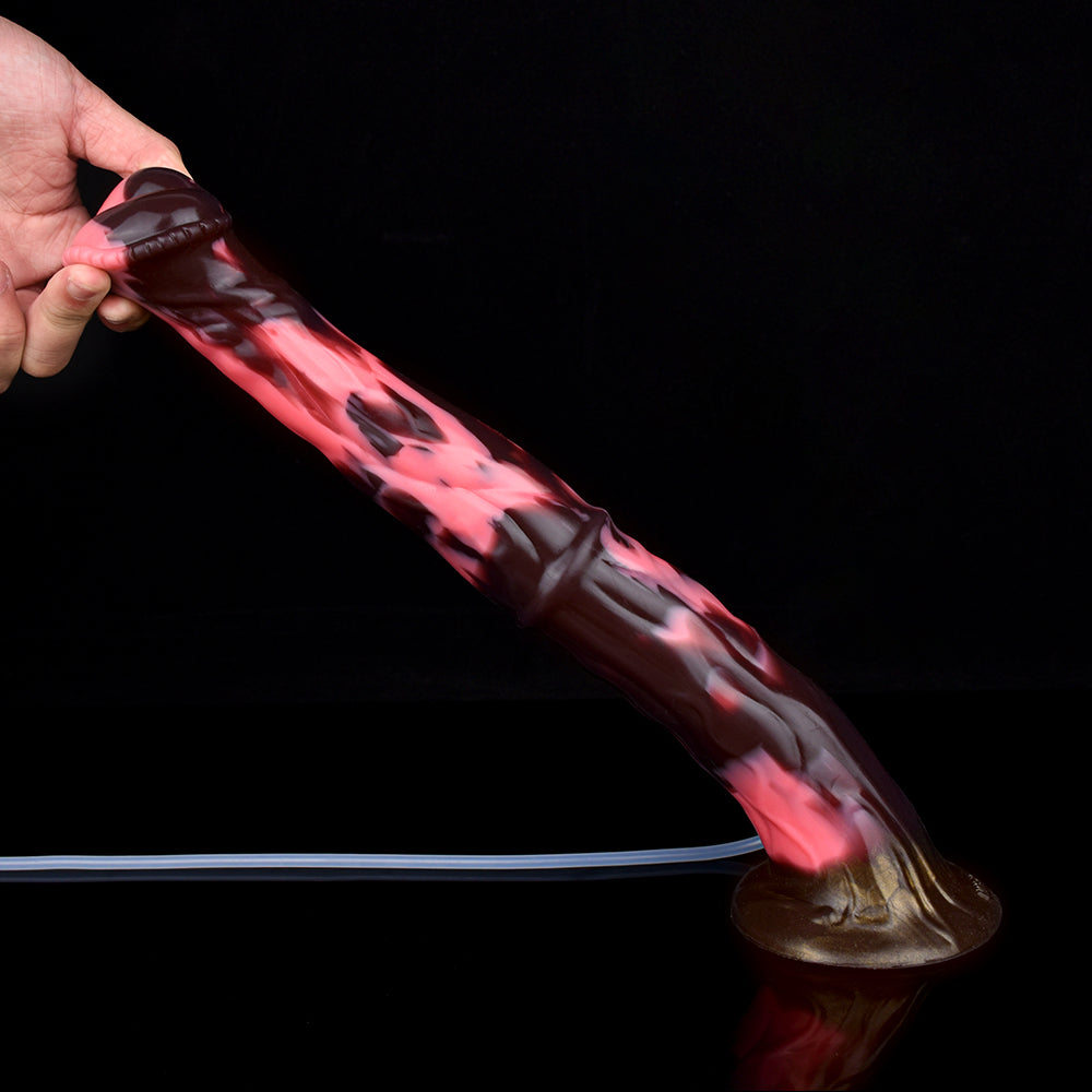 Galahad Large squirting minotaur dildo, marbled red and dark brown, horned tip