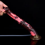 Galahad Large squirting minotaur dildo, marbled red and dark brown, horned tip