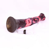 Minotaur dildo back view, wide base with strap, black-red marbled shaft