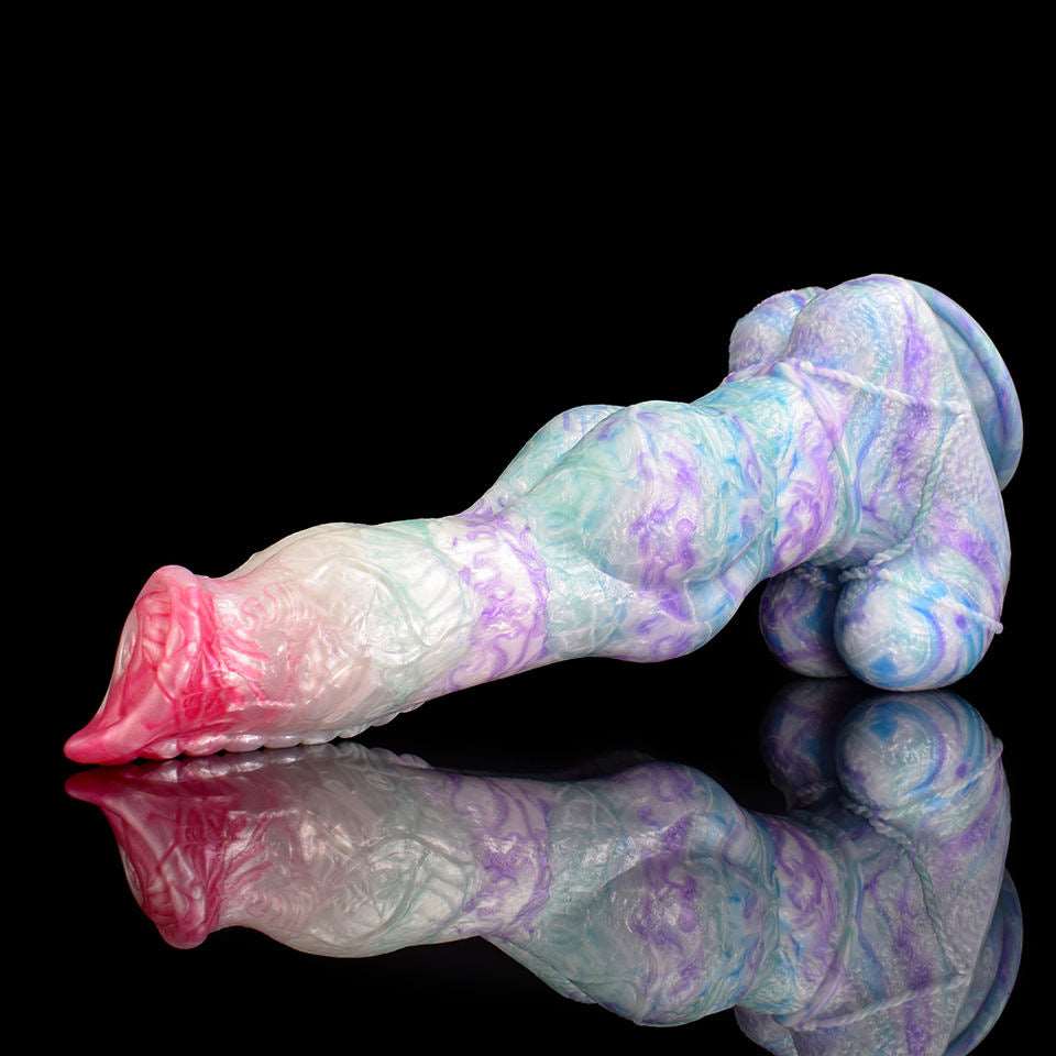 Giant minotaur-style dildo with huge knot, pastel blue/purple/white and pink tip.
