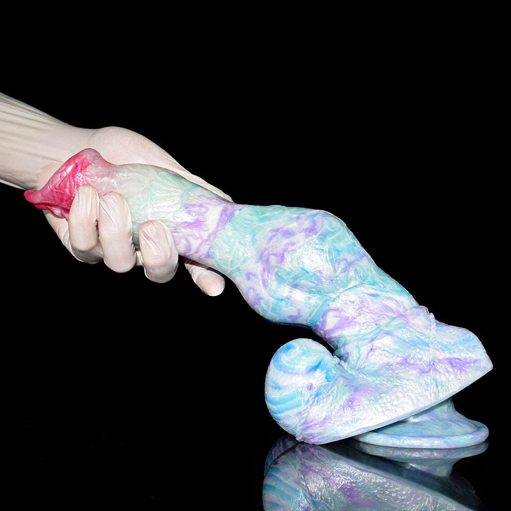 Minotaur-themed dildo, huge knot, pastel blue and purple swirls with pink insert end.