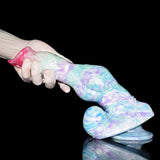 Minotaur-themed dildo, huge knot, pastel blue and purple swirls with pink insert end.
