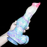 Giant minotaur dildo with huge knot, pastel blue/purple/white body and pink head.