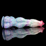 Side view of giant minotaur dildo, huge knot, pastel blue/purple swirls and pink tip.