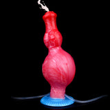 Horse-shaped inflatable dildo upright on blue base with red/pink textured body