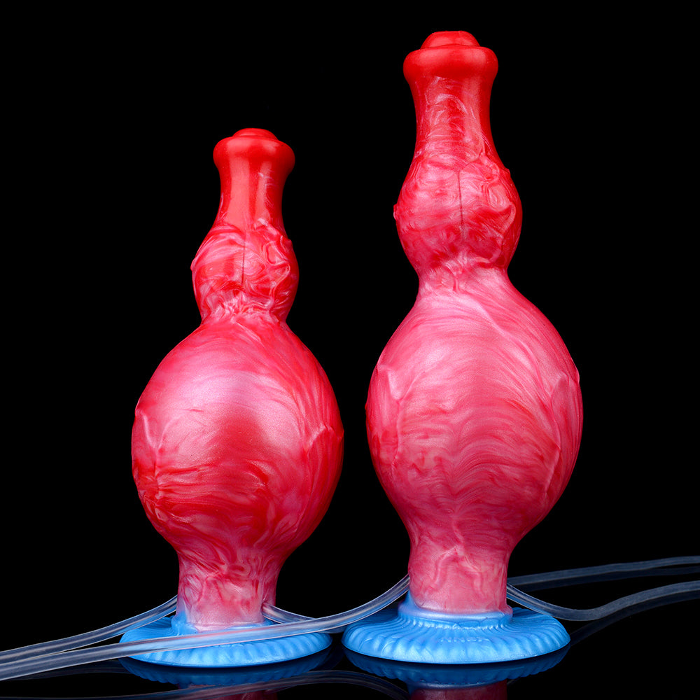Inflatable horse-shaped dildo side-by-side: smaller and larger inflated views, blue base