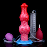 Red inflatable horse-themed dildo with blue base next to measuring syringe and hose