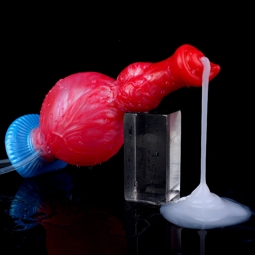 Horse-shaped inflatable dildo with blue base and red/pink body, side view