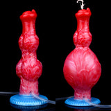 Red inflatable horse-themed dildo with textured body and blue base, two views