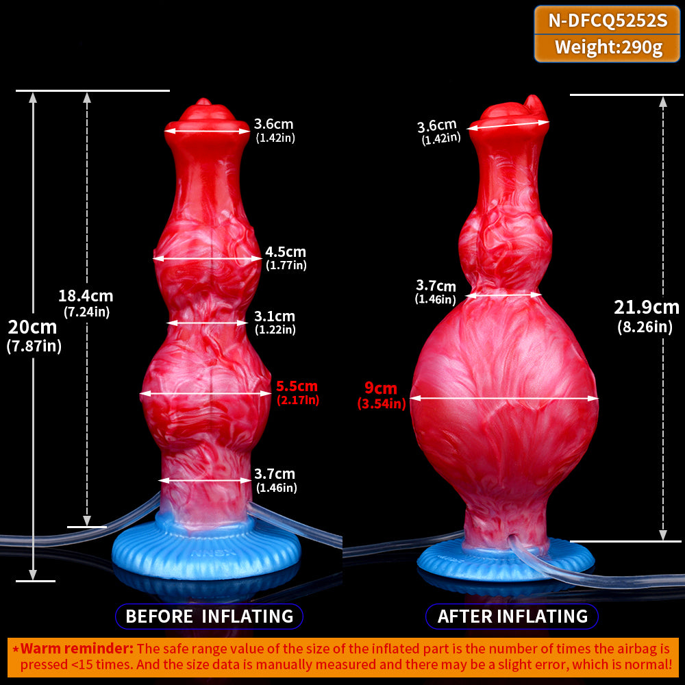 Size diagram of inflatable horse-shaped dildo: before vs after inflating