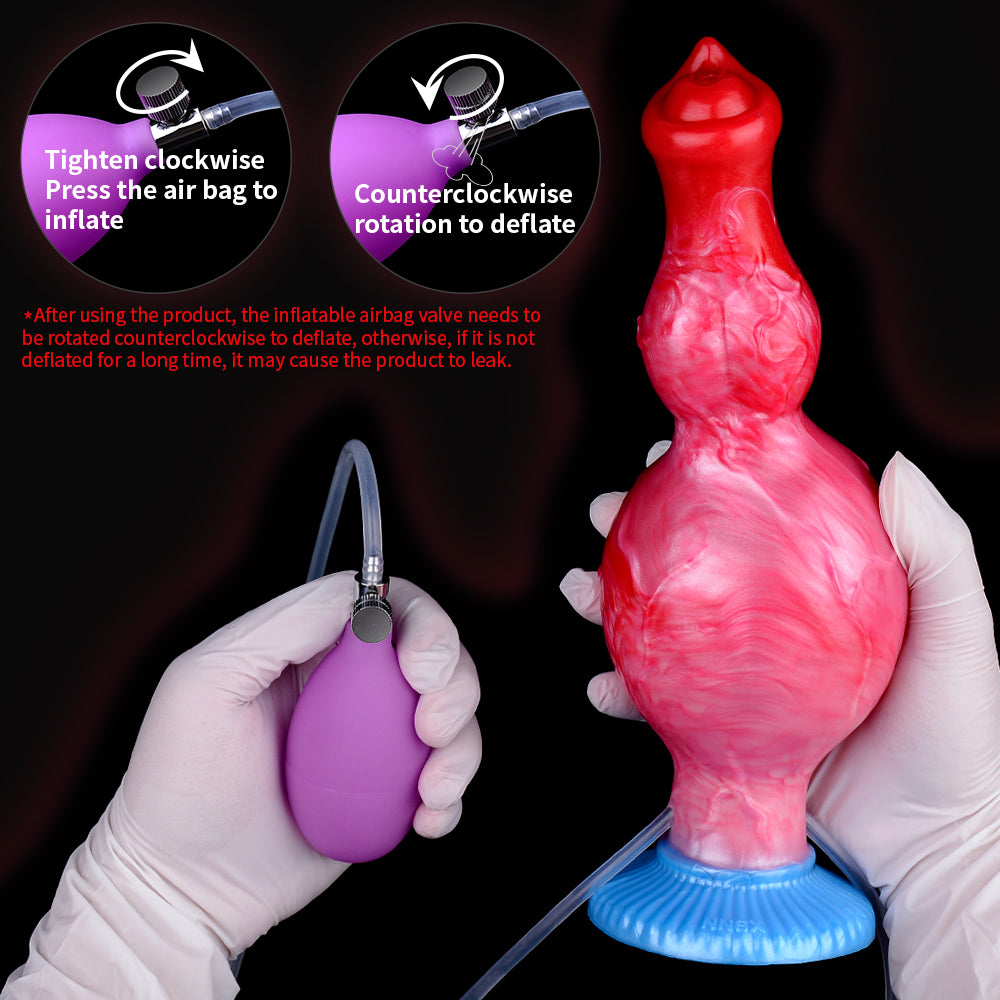 Inflatable dildo with red/pink body and blue base; valve close-up and hands