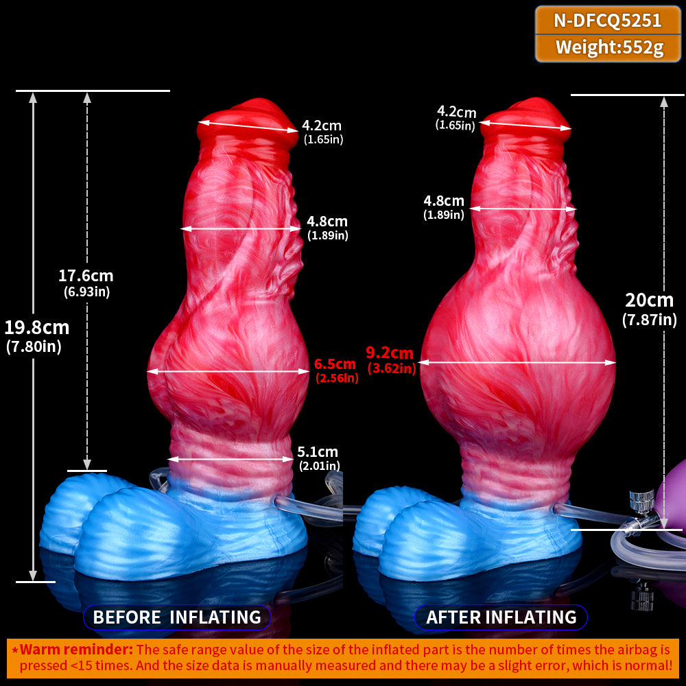 Inflatable knot dildo size diagram: before and after inflating, red-pink and blue
