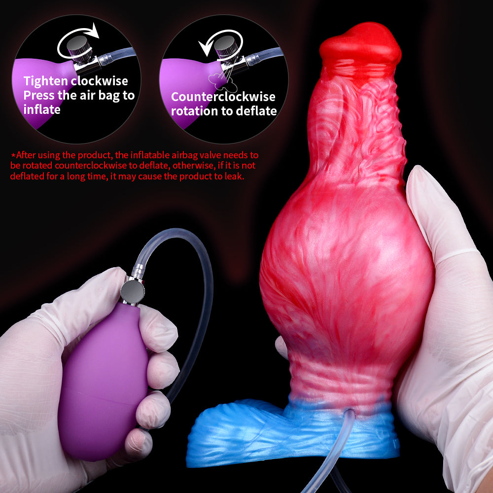 Inflatable knot dildo with airbag valve, red-pink body and clear inflation tube