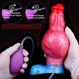 Inflatable knot dildo with airbag valve, red-pink body and clear inflation tube