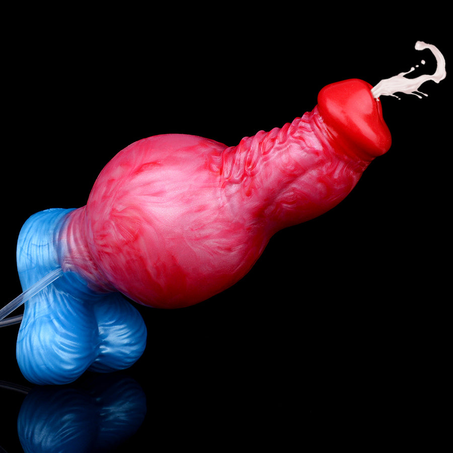 Inflatable red-pink sex toy with blue base and air line, angled side view