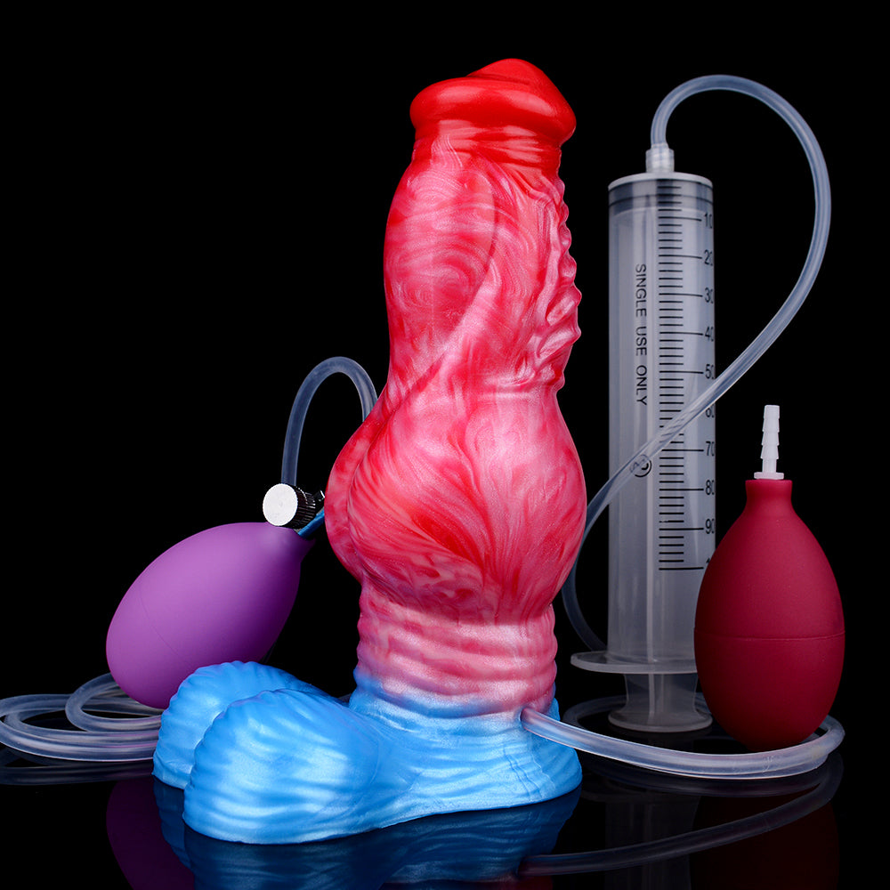 Inflatable knot dildo with syringe and pumps, red-pink body on blue base