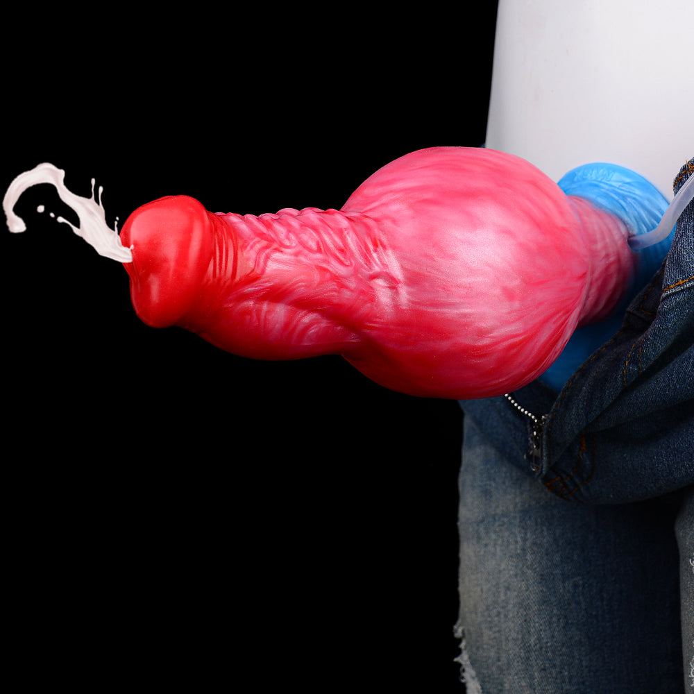 Inflatable knot dildo extended in blue airbag, red-pink textured body
