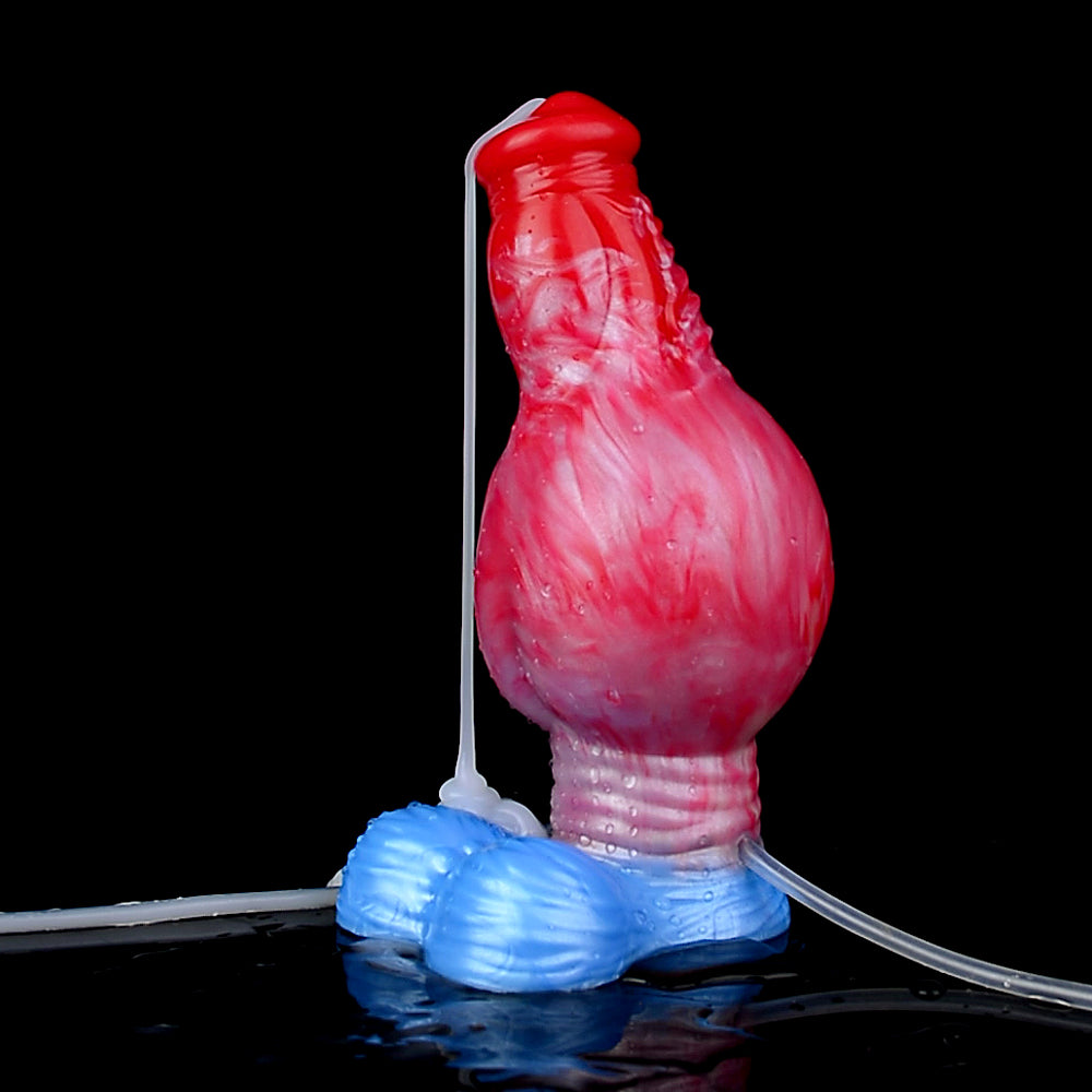 Inflatable red/pink dildo with knot detail and clear squirting tube