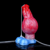 Inflatable red/pink dildo with knot detail and clear squirting tube