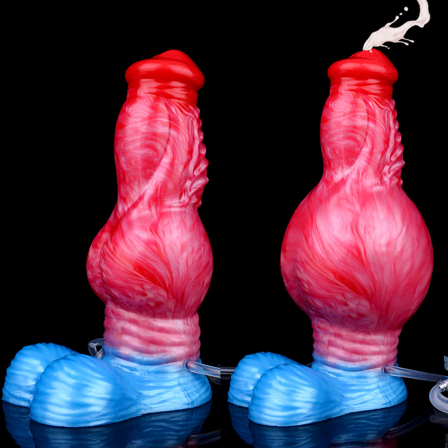 Pink-red inflatable huge knot dildo with blue base band and clear tube attachment
