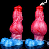Inflatable knot dildo, red-pink torso with blue base and connected clear hoses