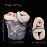 Giraffe two-hole masturbator with size markings and gray plush body