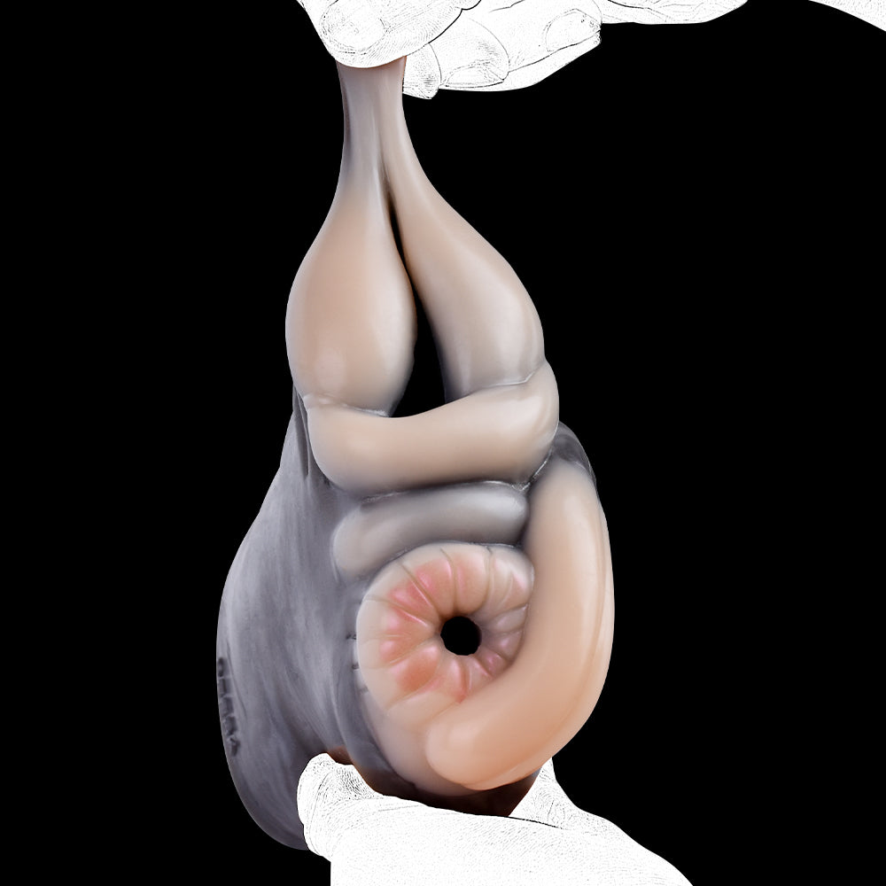 Front view of gray two-hole giraffe masturbator, showing one circular opening