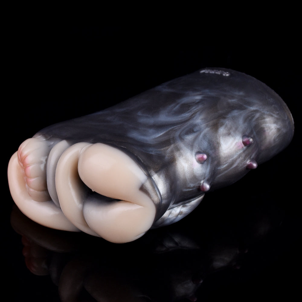 Side view of the gray furry giraffe masturbator with dual openings
