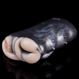 Side view of the gray furry giraffe masturbator with dual openings