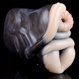 Angled view of gray furry giraffe masturbator with dual light openings