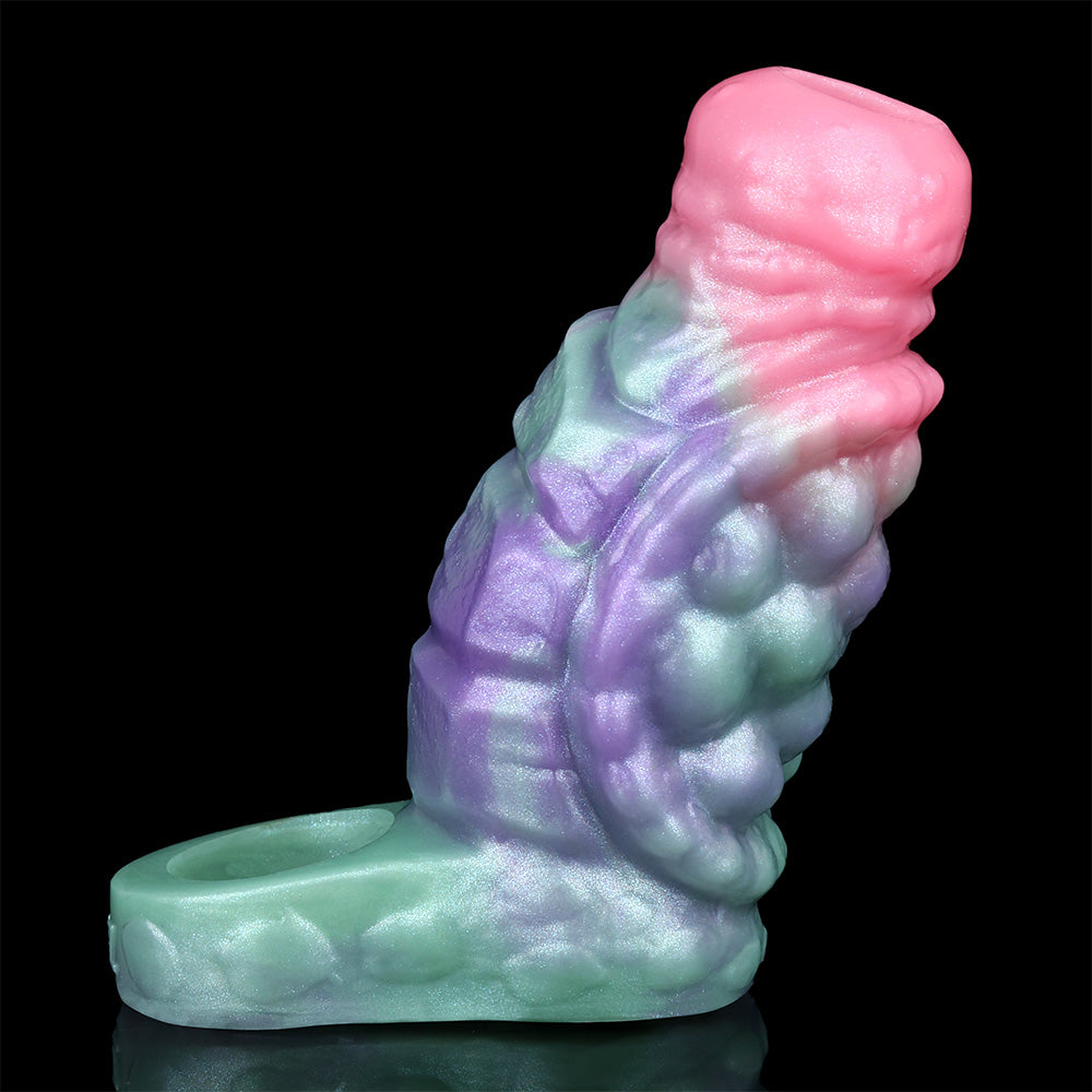 Dragon Sleeve & Sheath Extender, side view in lavender and pastel teal with base