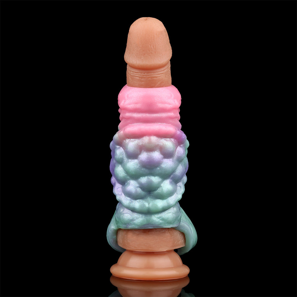 Dragon Sleeve & Sheath Extender, front tip and ribbed sleeve in pink and teal