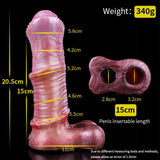 Cock sleeve size chart: 20.5cm height, 15cm marked length, 340g weight