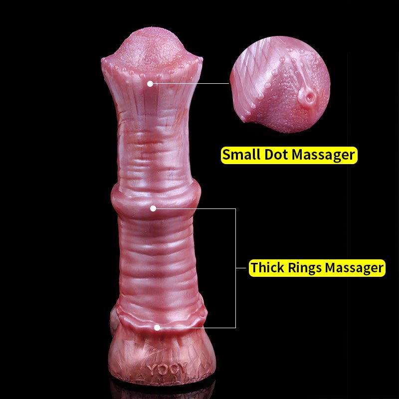 Pink cock sleeve with massage dots and thick rings, cross-section and 340g label