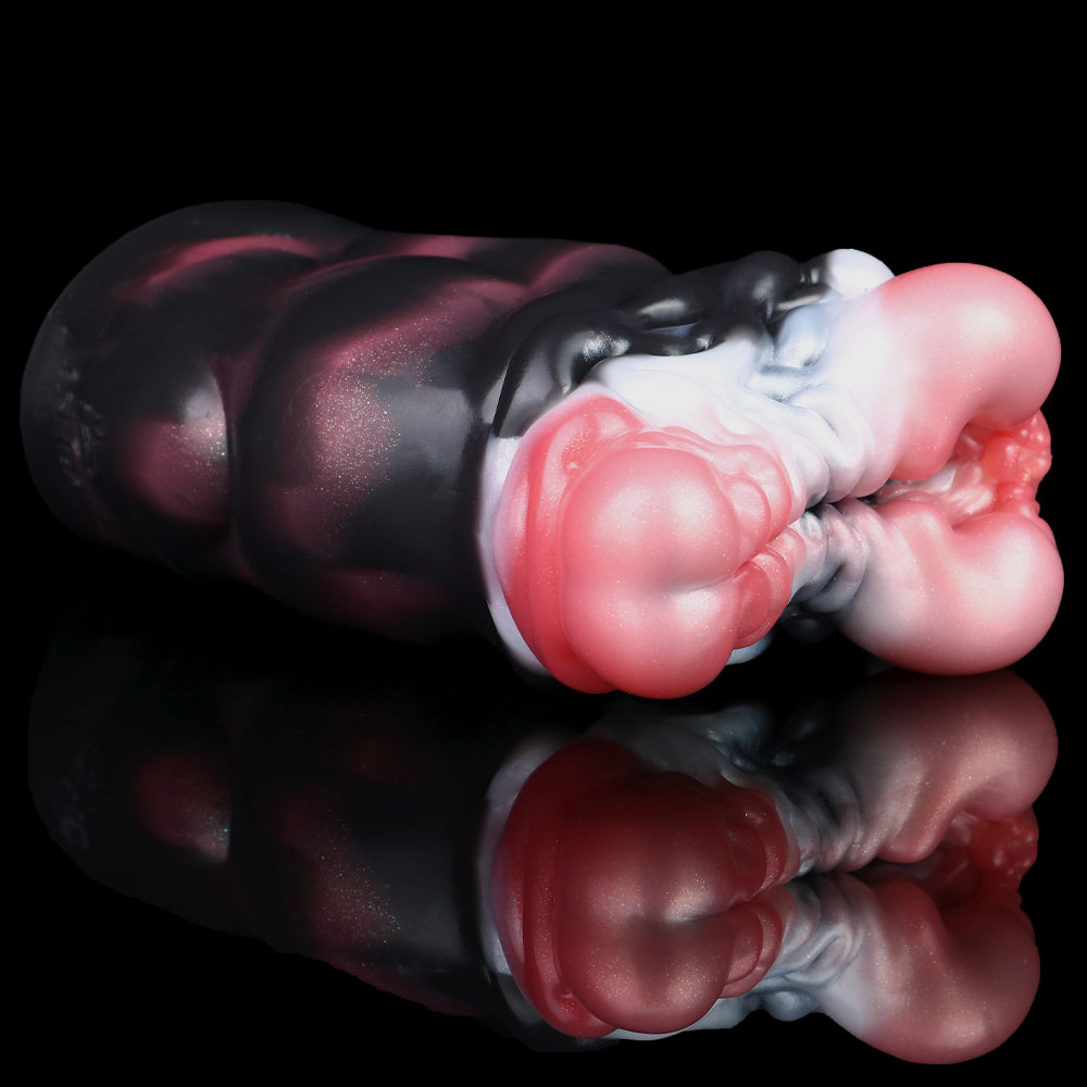 Wide end view: dark marbled sleeve with pink/white inner opening