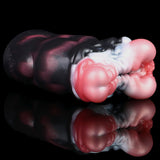Wide end view: dark marbled sleeve with pink/white inner opening