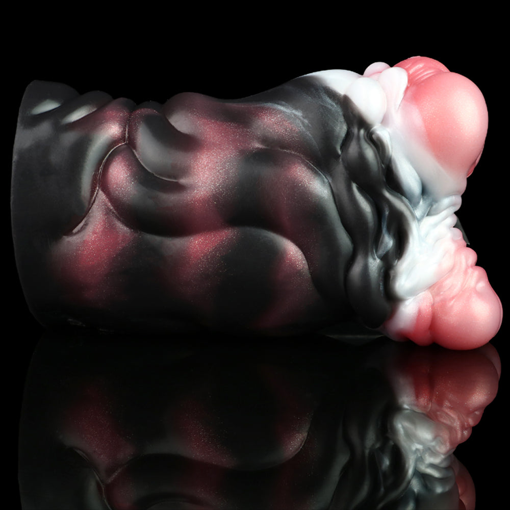 Side view of dark outer sleeve with pink inner contours and ridges