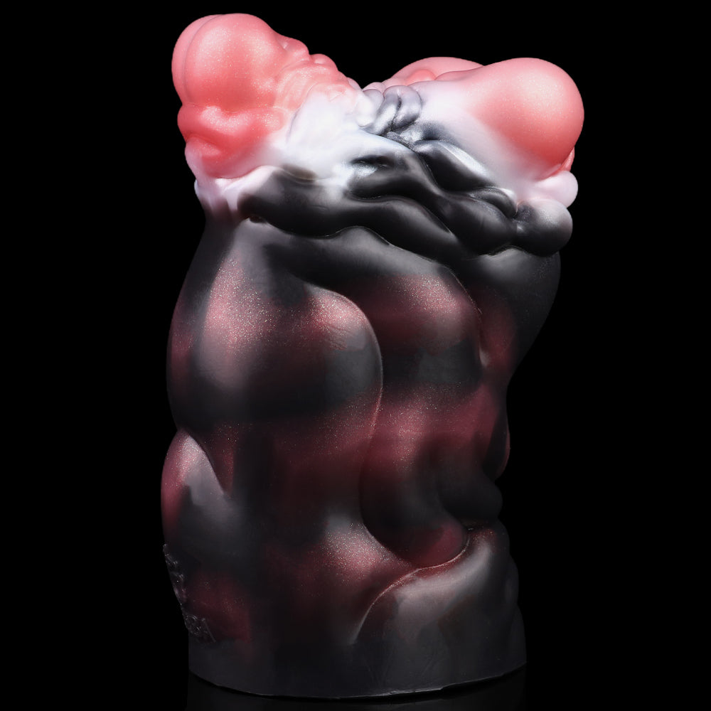 Rear view: dark outer sleeve with pink opening and inner details
