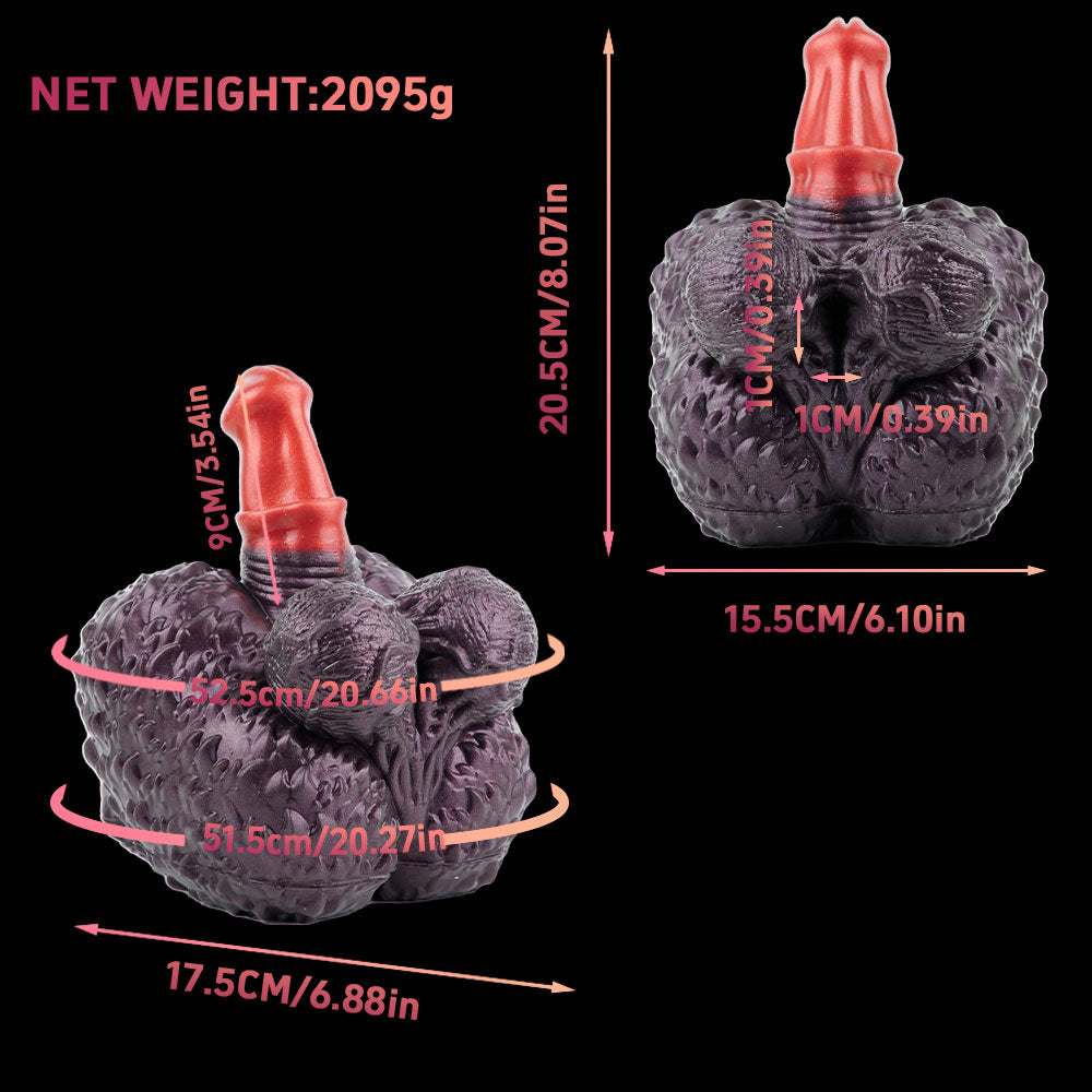 Purple textured hand-shaped toy with red horn and measurement diagram overlay.