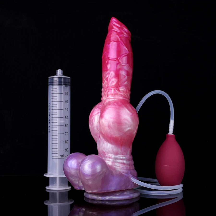 Adult novelty dog dildo, pink/purple with suction bulb and measurement syringe