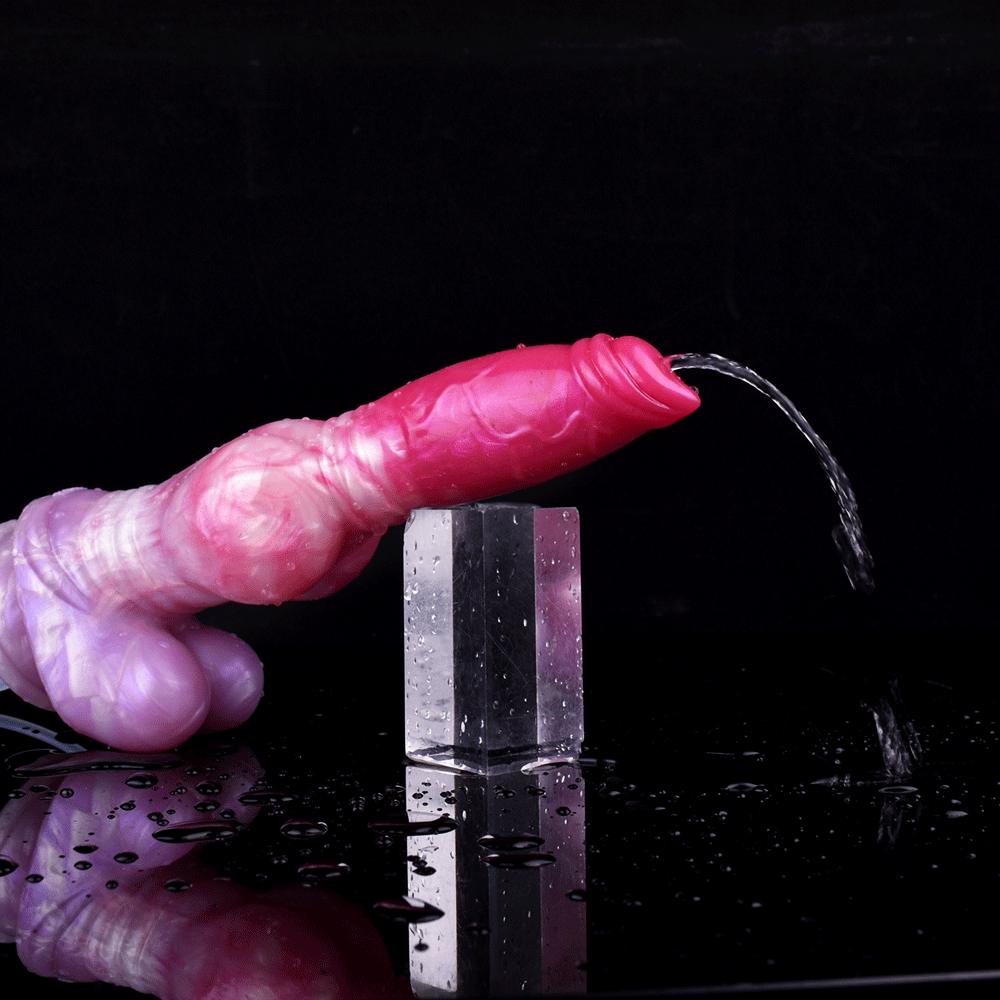 Dog-shaped dildo, pink translucent shaft with big knot and rounded base bulbs