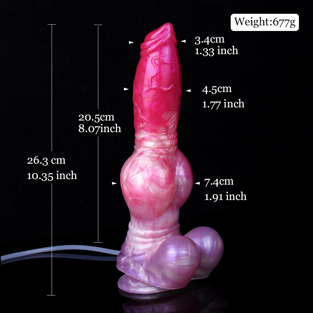 Dog-shaped dildo, pink translucent body with large knot; size and weight diagram overlay