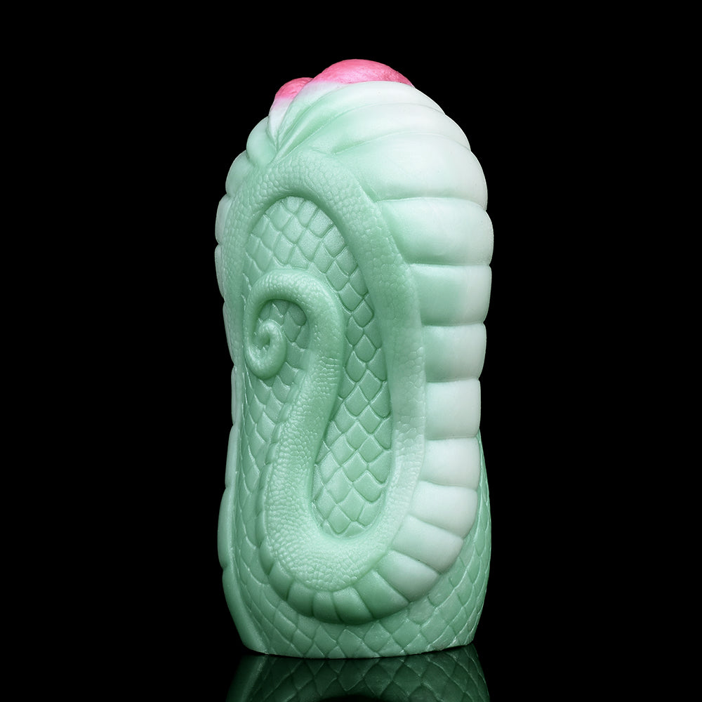 Green serpent fantasy fleshlight sleeve side view with scaly pattern and pink horn tip