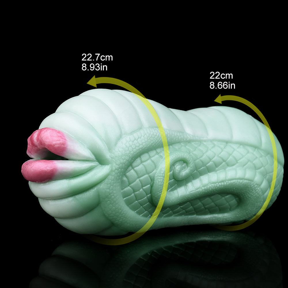 Green serpent fleshlight sleeve with measurement arrows; scaly body and pink accents